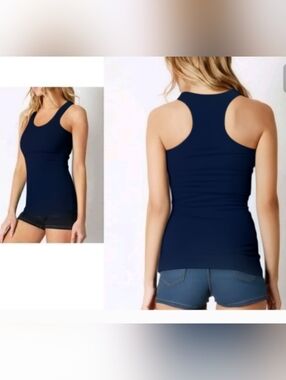 Navy blue long racerback solid scoop neck tank top